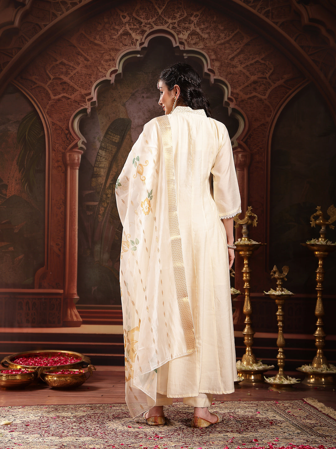 Cream Solid & Embroidered Roman Silk A-Line Kurta Pant Dupatta Set