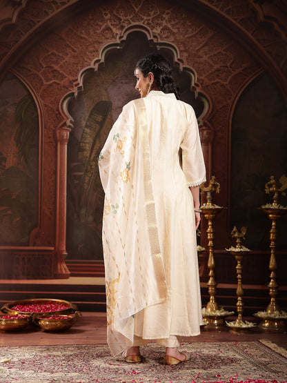Cream Solid & Embroidered Roman Silk A-Line Kurta Pant Dupatta Set