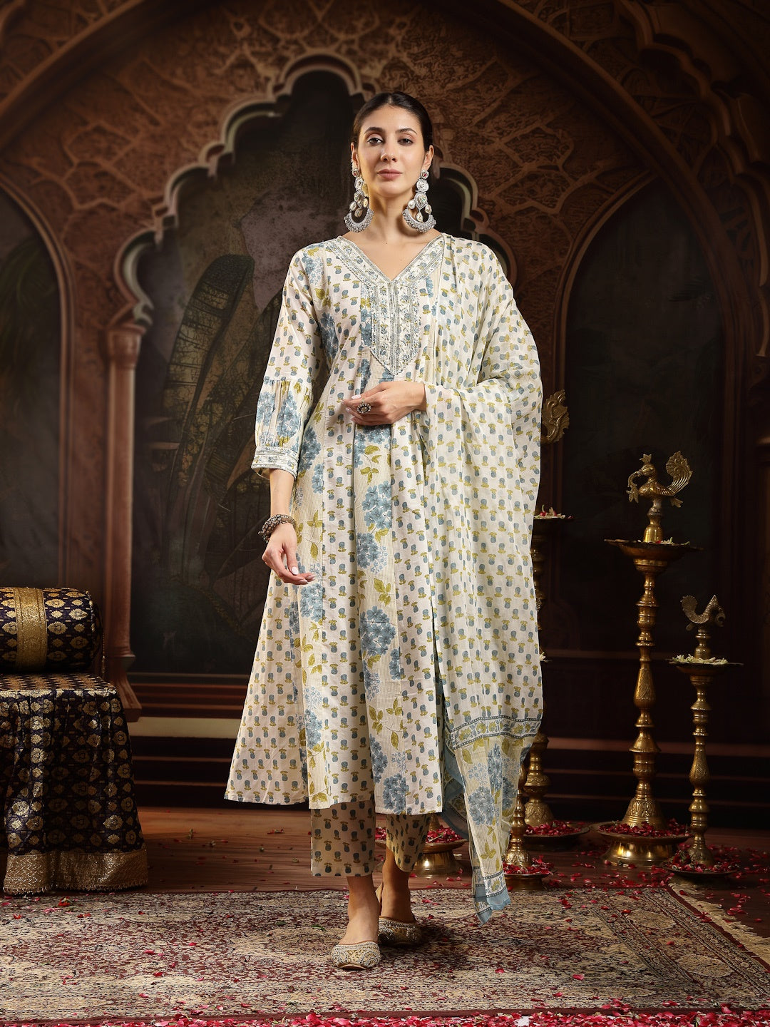 Cream Floral Printed Cotton Flared Kurta Pant Dupatta Set (Pre-Order)