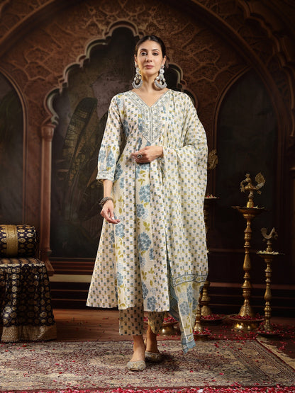 Cream Floral Printed Cotton Flared Kurta Pant Dupatta Set (Pre-Order)