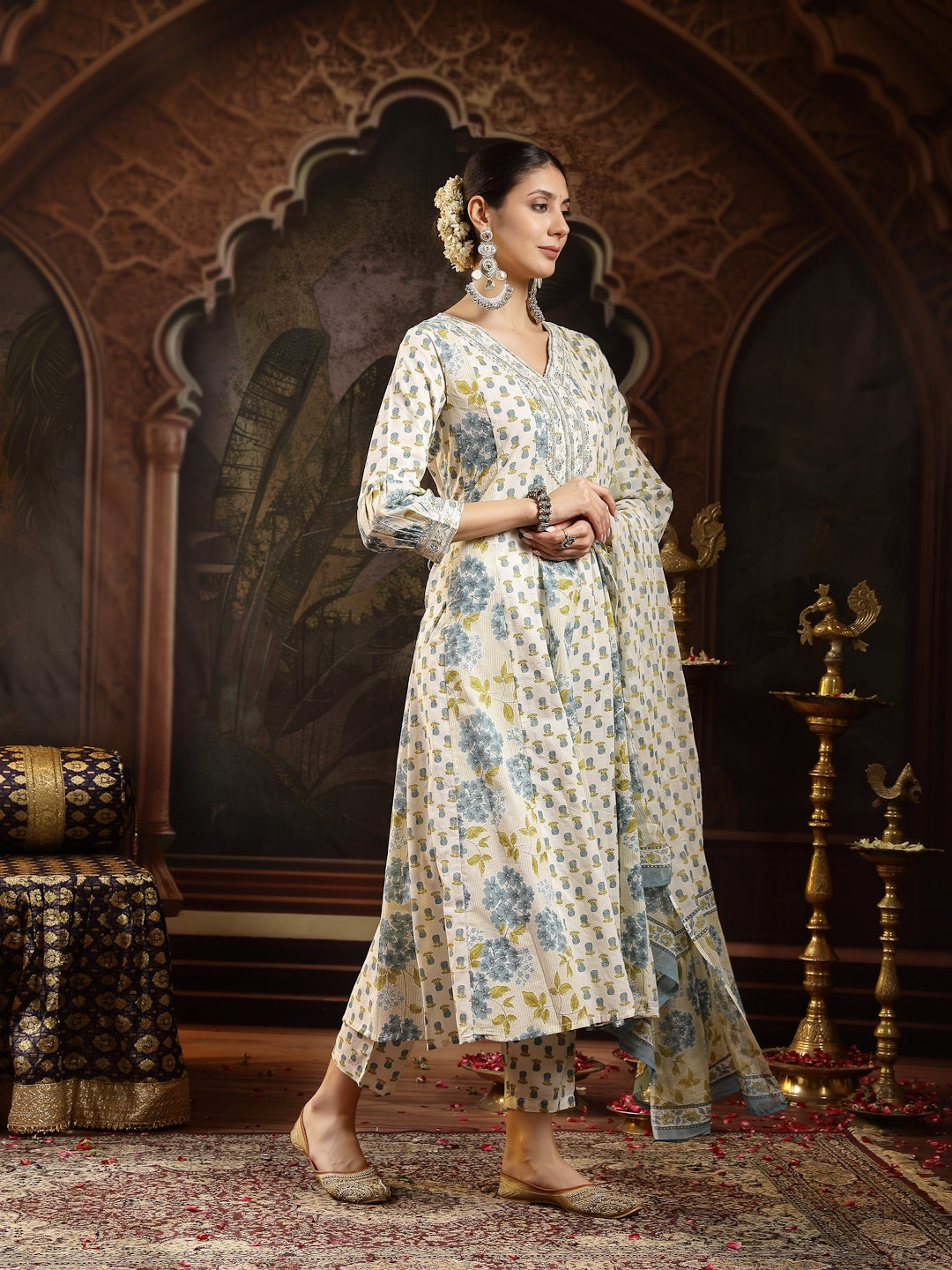 Cream Floral Printed Cotton Flared Kurta Pant Dupatta Set (Pre-Order)