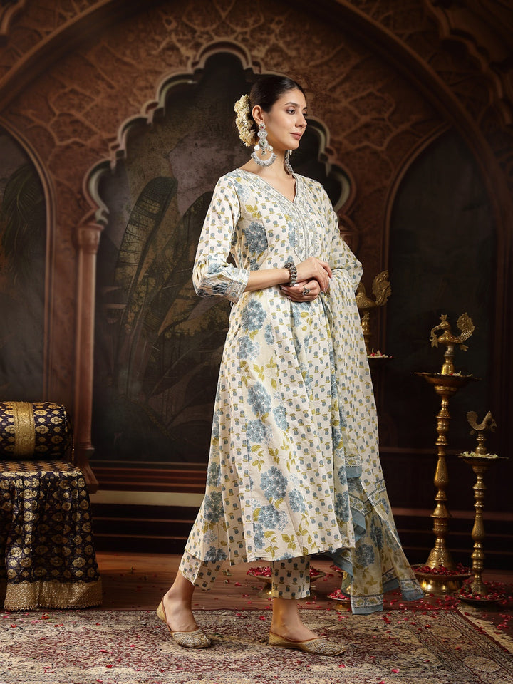 Cream Floral Printed Cotton Flared Kurta Pant Dupatta Set