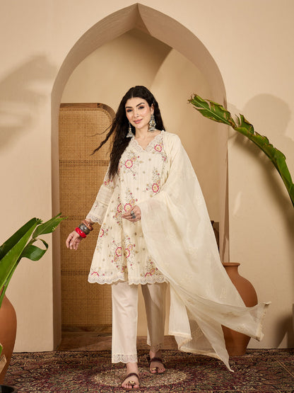 Embroidered Cotton Blend A-Line Kurta Pant Dupatta Set