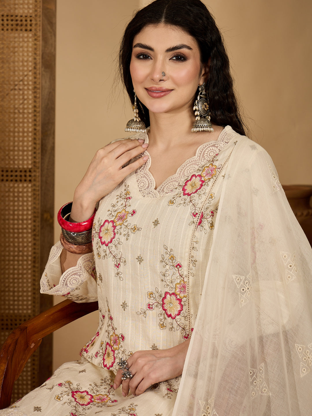 Embroidered Cotton Blend A-Line Kurta Pant Dupatta Set