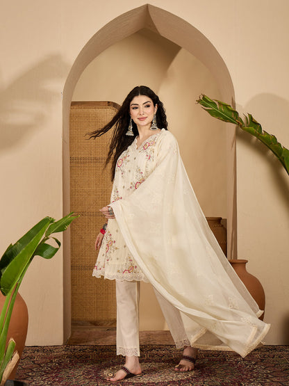 Embroidered Cotton Blend A-Line Kurta Pant Dupatta Set