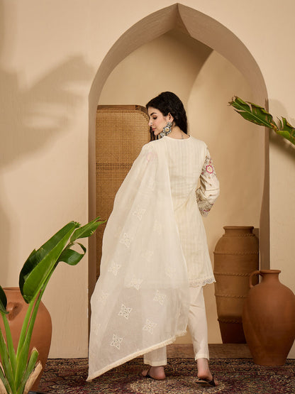 Embroidered Cotton Blend A-Line Kurta Pant Dupatta Set