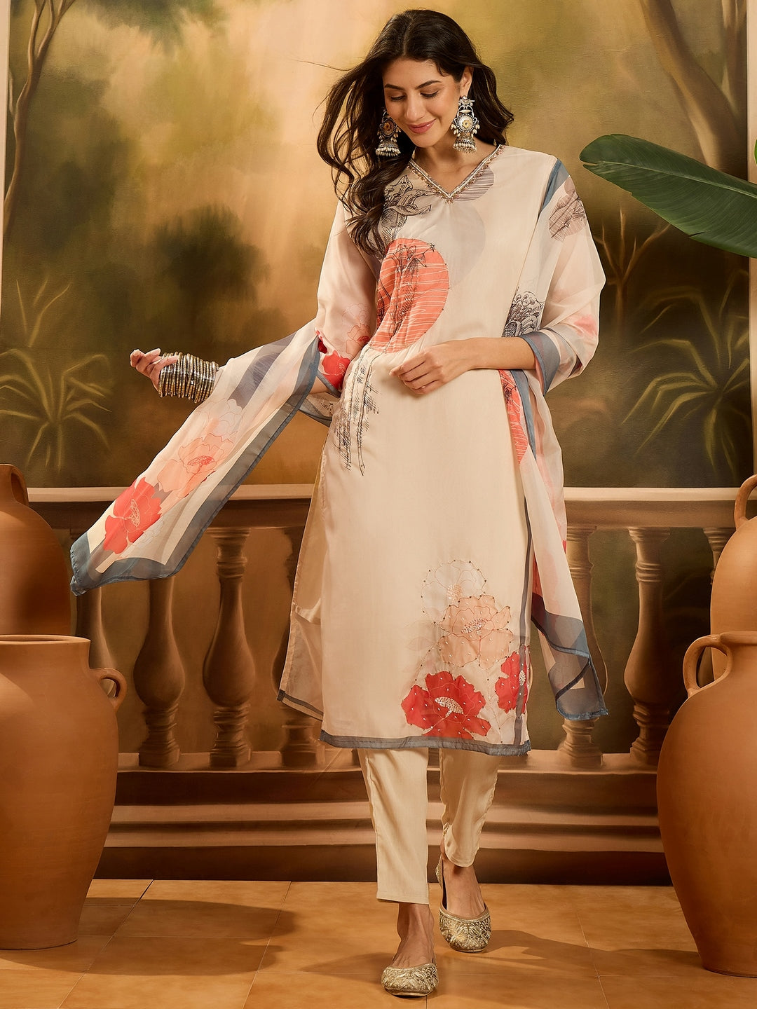 Off White Printed &amp; Embroidered Soft Organza Straight Kurta Pant Dupatta Set