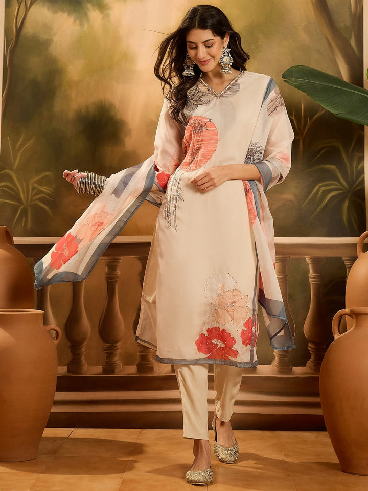Off White Printed &amp; Embroidered Soft Organza Straight Kurta Pant Dupatta Set