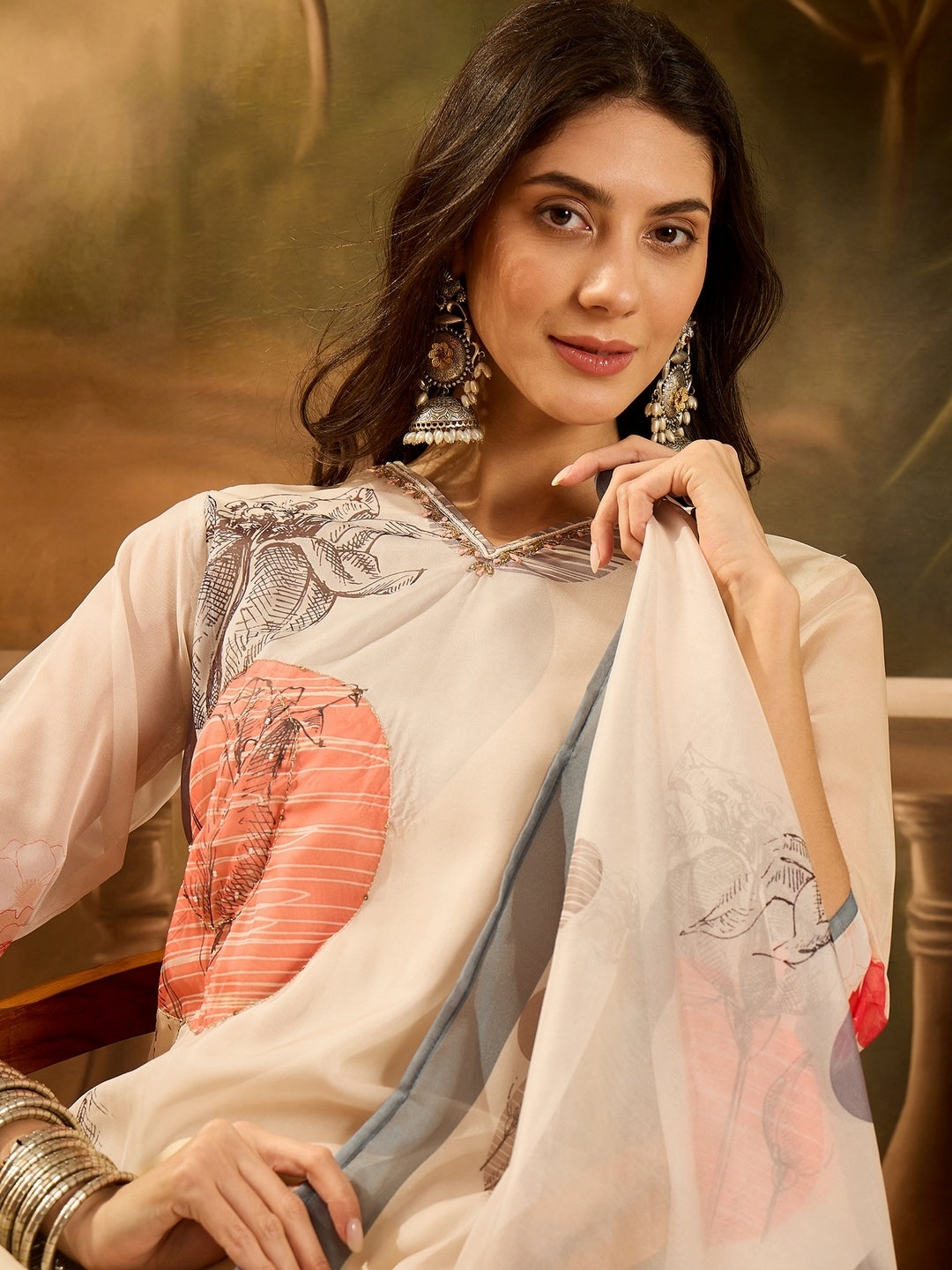 Off White Printed &amp; Embroidered Soft Organza Straight Kurta Pant Dupatta Set