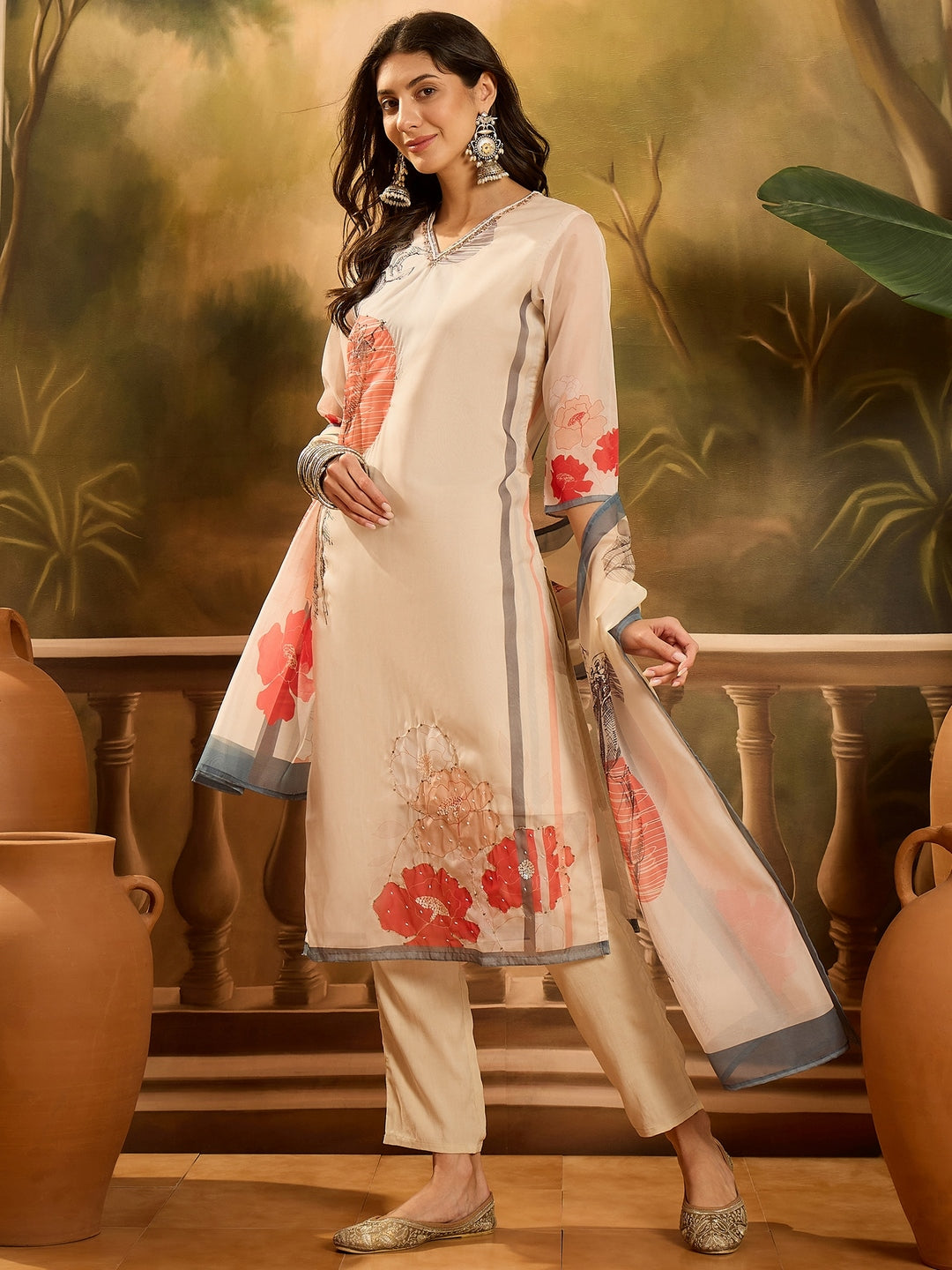 Off White Printed &amp; Embroidered Soft Organza Straight Kurta Pant Dupatta Set