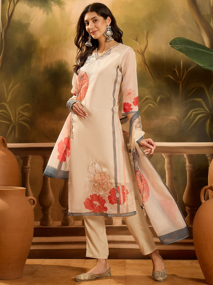 Off White Printed &amp; Embroidered Soft Organza Straight Kurta Pant Dupatta Set