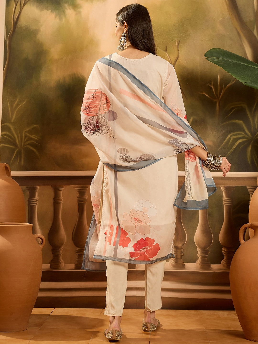 Off White Printed &amp; Embroidered Soft Organza Straight Kurta Pant Dupatta Set