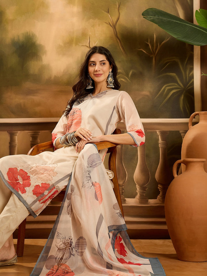 Off White Printed &amp; Embroidered Soft Organza Straight Kurta Pant Dupatta Set