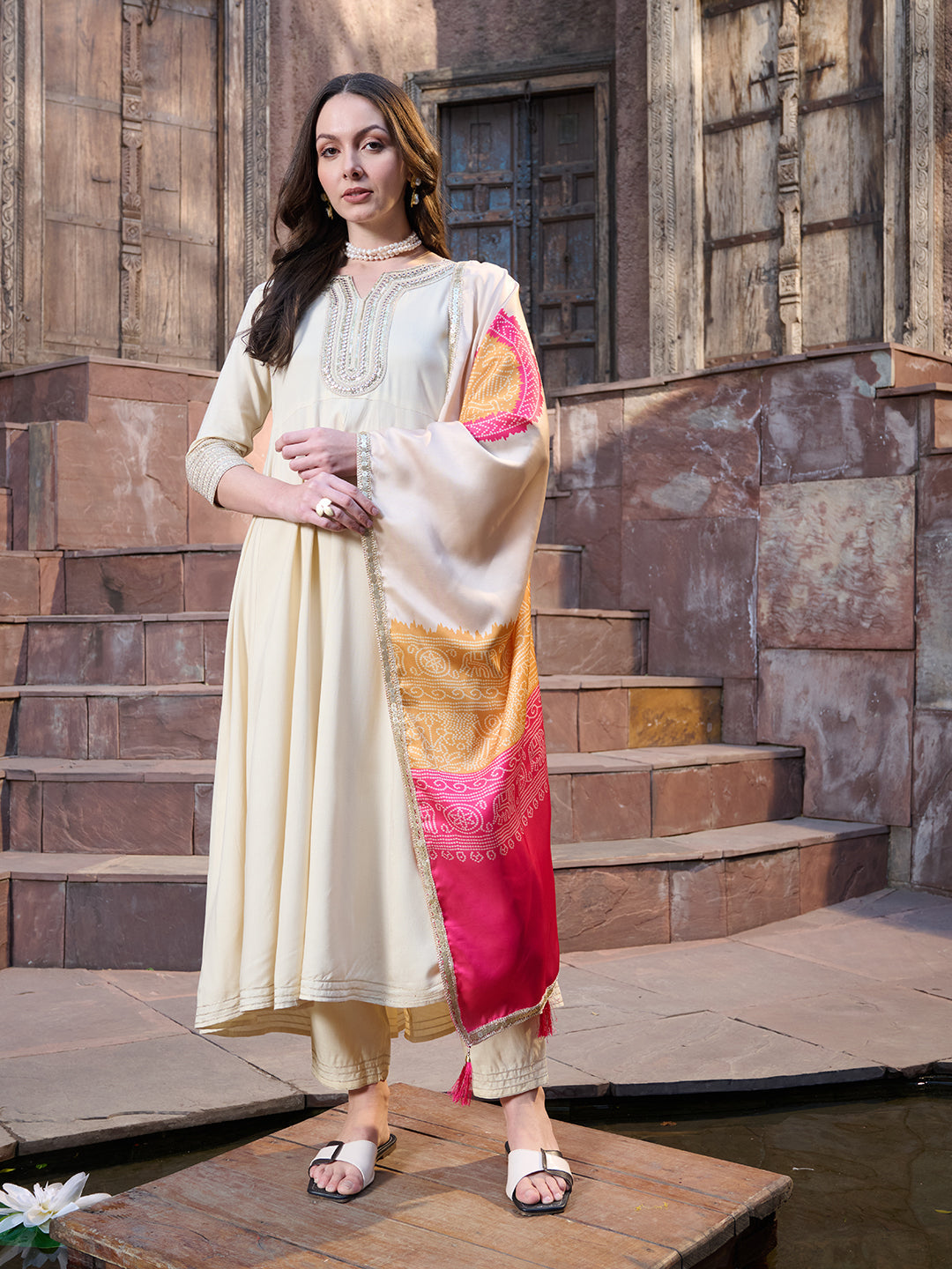 Cream Solid & Embroidered Rayon Anarkali Kurta Pant Dupatta Set (Pre-Order)