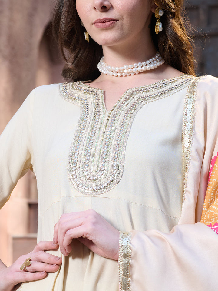 Cream Solid &amp; Embroidered Rayon Anarkali Kurta Pant Dupatta Set