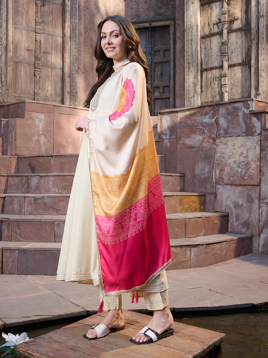 Cream Solid &amp; Embroidered Rayon Anarkali Kurta Pant Dupatta Set