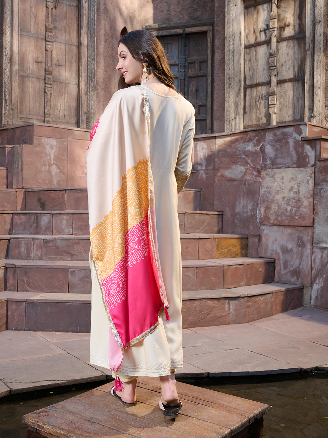 Cream Solid & Embroidered Rayon Anarkali Kurta Pant Dupatta Set (Pre-Order)