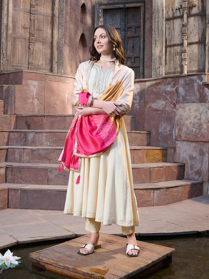 Cream Solid & Embroidered Rayon Anarkali Kurta Pant Dupatta Set (Pre-Order)