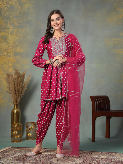 Gem Bandhani Printed & Embroidered Rayon Pleated Kurti with Dhoti Pant & Dupatta Set (Pre-Order)
