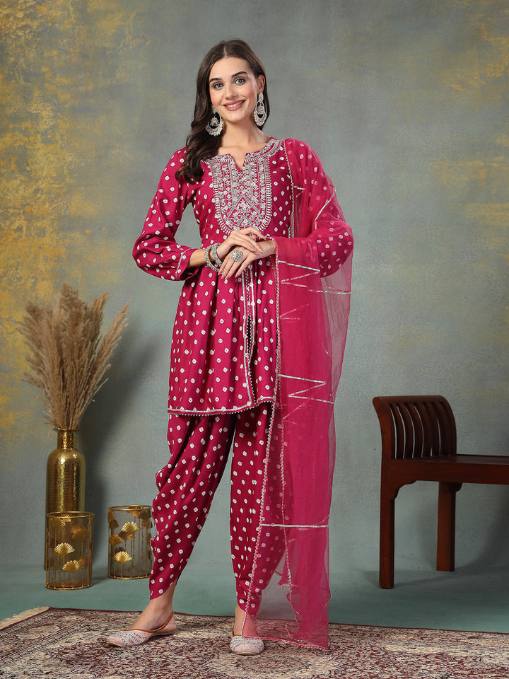 Gem Bandhani Printed &amp; Embroidered Rayon Pleated Kurti with Dhoti Pant &amp; Dupatta Set
