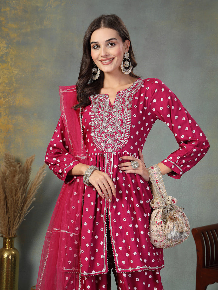 Gem Bandhani Printed &amp; Embroidered Rayon Pleated Kurti with Dhoti Pant &amp; Dupatta Set
