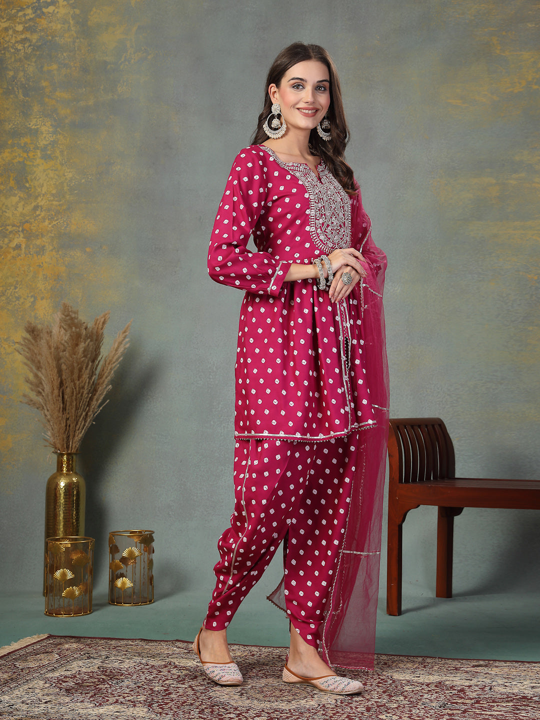 Gem Bandhani Printed & Embroidered Rayon Pleated Kurti with Dhoti Pant & Dupatta Set (Pre-Order)