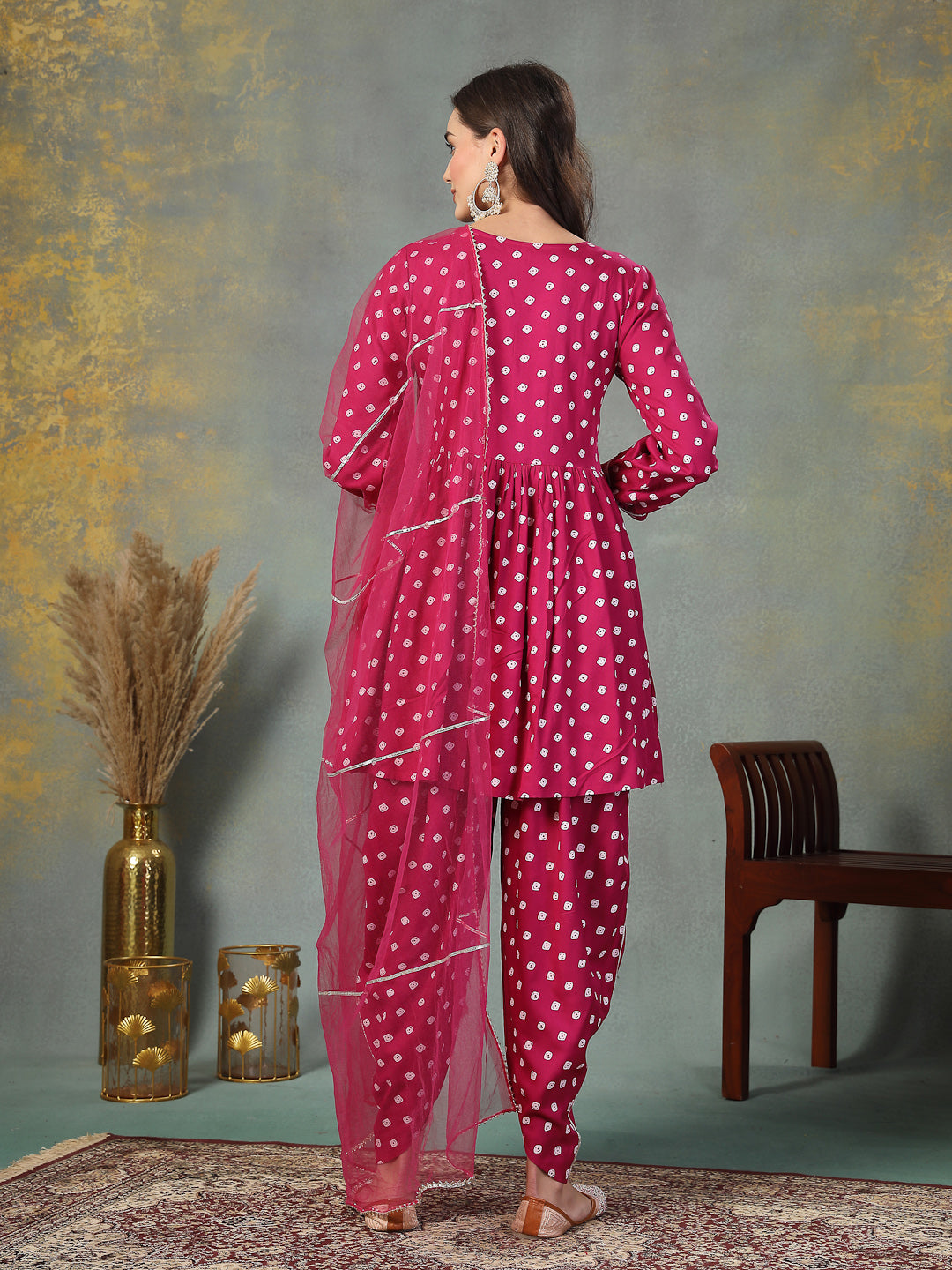 Gem Bandhani Printed & Embroidered Rayon Pleated Kurti with Dhoti Pant & Dupatta Set (Pre-Order)