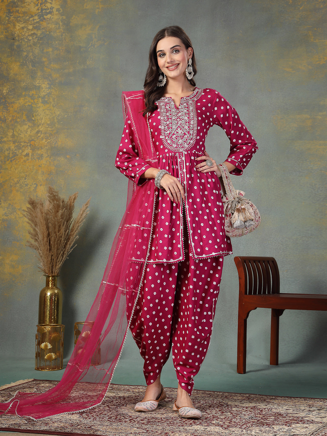 Gem Bandhani Printed & Embroidered Rayon Pleated Kurti with Dhoti Pant & Dupatta Set (Pre-Order)