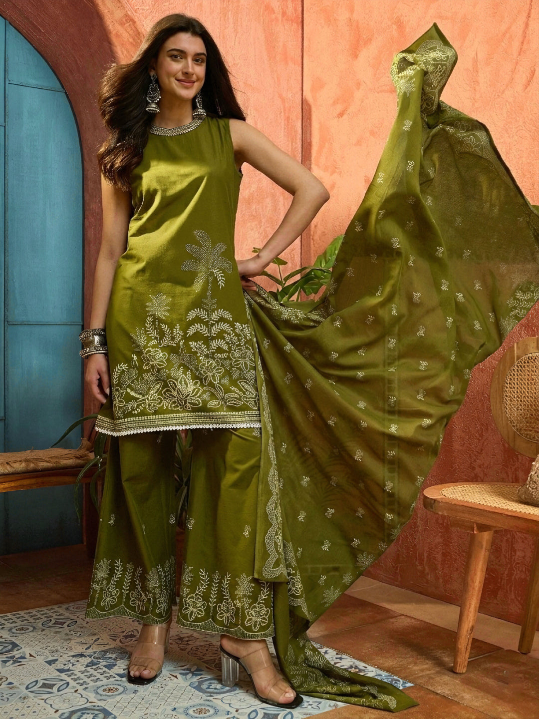 Solid & Embroidered Cotton Straight Kurta Palazzo Dupatta Set