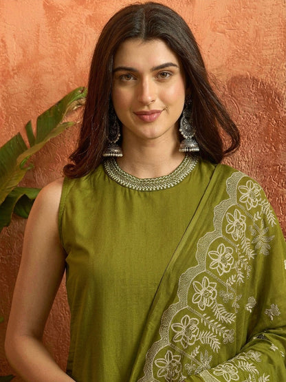 Solid & Embroidered Cotton Straight Kurta Palazzo Dupatta Set