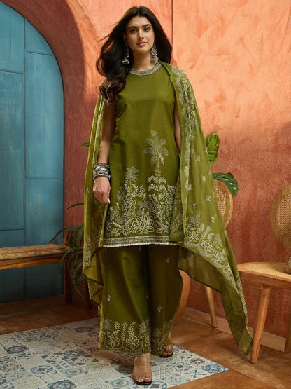 Solid & Embroidered Cotton Straight Kurta Palazzo Dupatta Set
