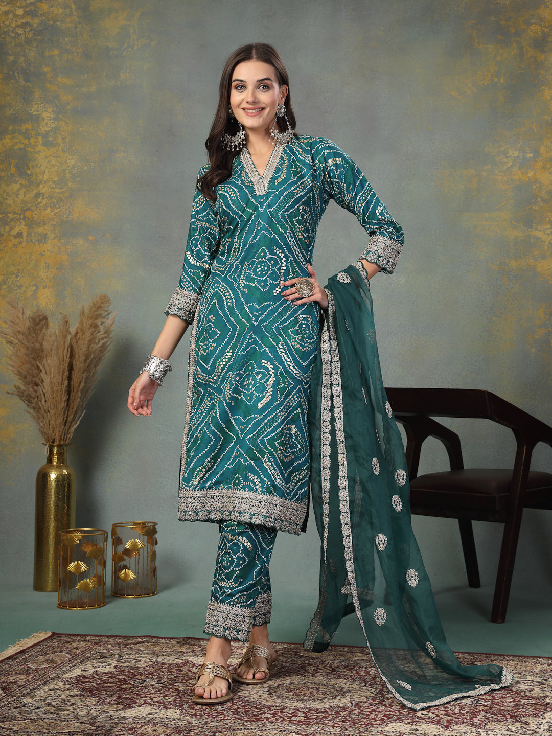 Green Bandhani Print & Embroidered Muslin Straight Kurta Pant Dupatta Set