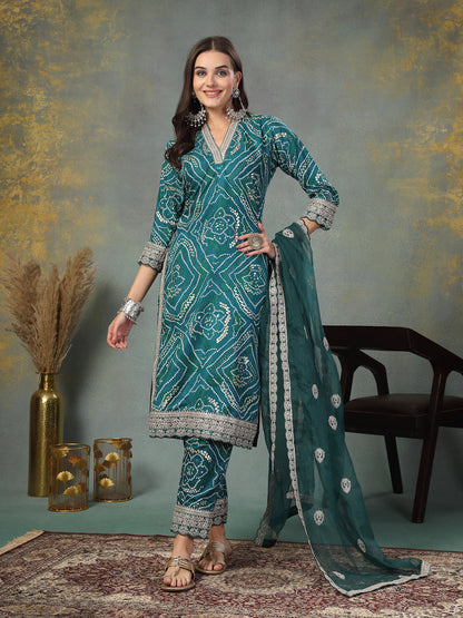 Green Bandhani Print & Embroidered Muslin Straight Kurta Pant Dupatta Set