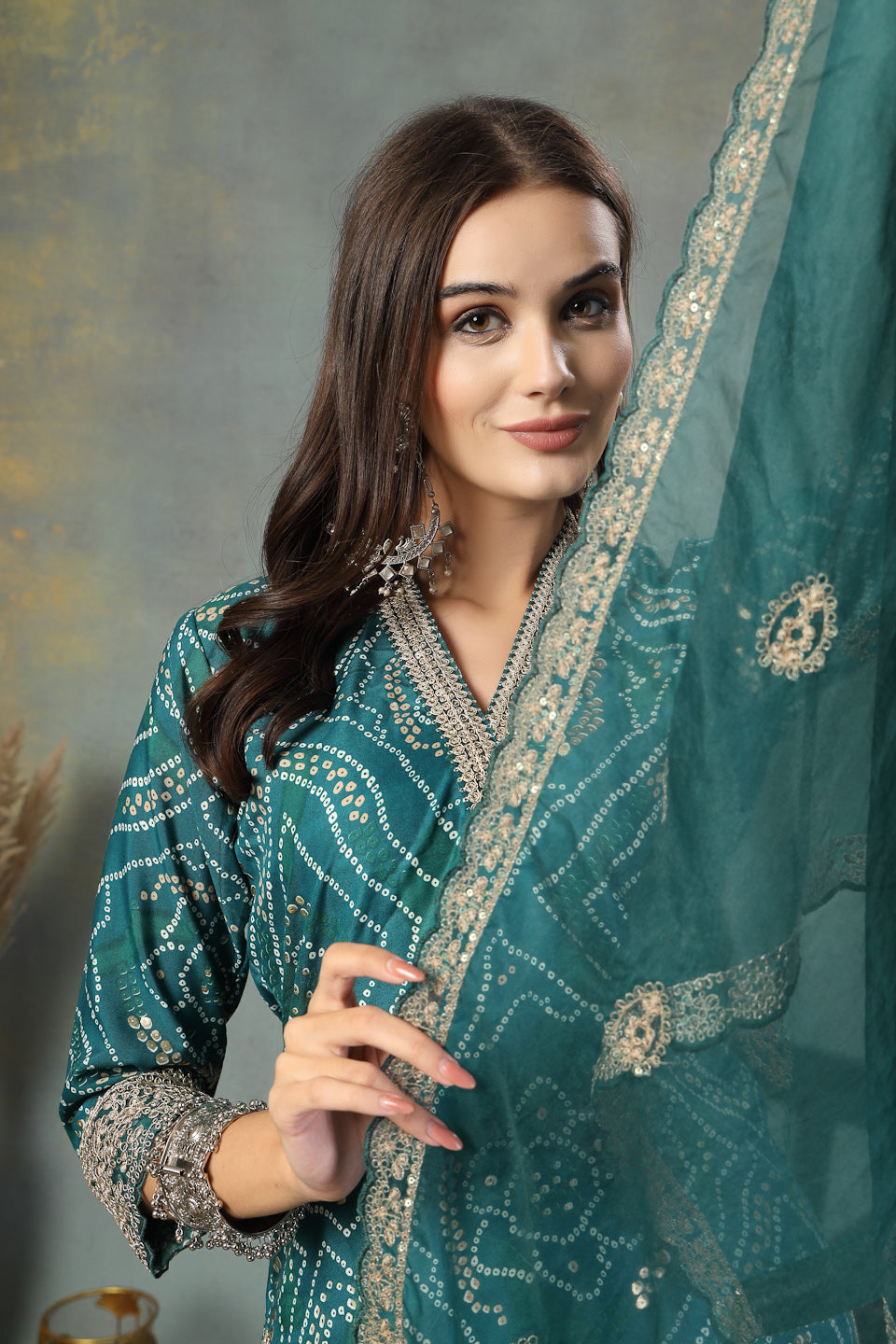 Green Bandhani Print & Embroidered Muslin Straight Kurta Pant Dupatta Set