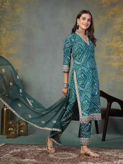 Green Bandhani Print & Embroidered Muslin Straight Kurta Pant Dupatta Set
