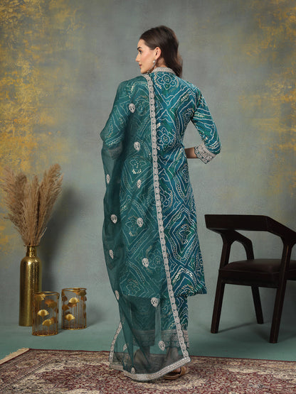 Green Bandhani Print & Embroidered Muslin Straight Kurta Pant Dupatta Set (Pre-Order)