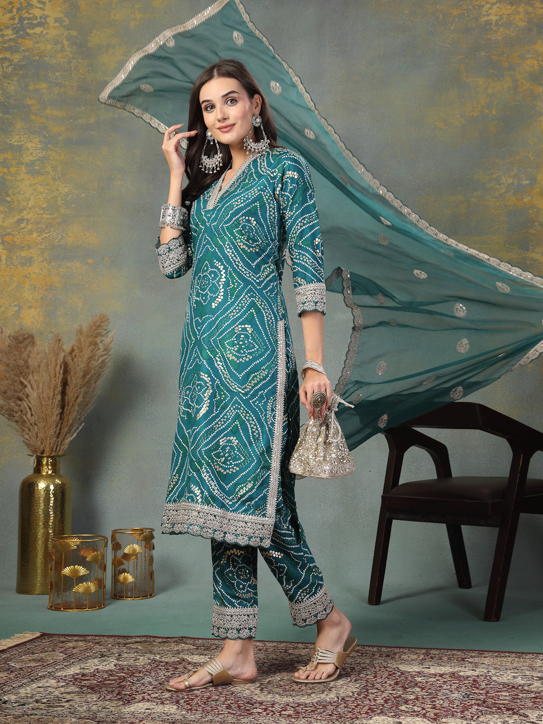 Green Bandhani Print & Embroidered Muslin Straight Kurta Pant Dupatta Set