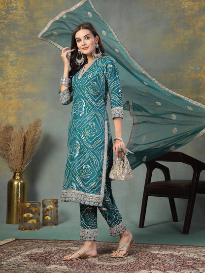 Green Bandhani Print & Embroidered Muslin Straight Kurta Pant Dupatta Set