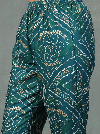 Green Bandhani Print & Embroidered Muslin Straight Kurta Pant Dupatta Set