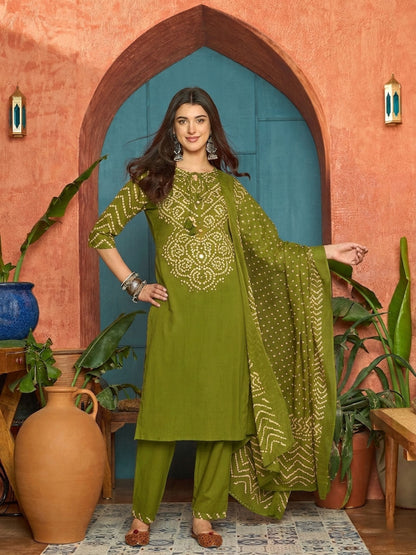Bandhej Printed Cotton Straight Kurta Pant Dupatta Set