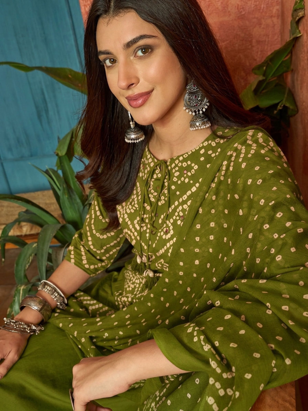 Bandhej Printed Cotton Straight Kurta Pant Dupatta Set