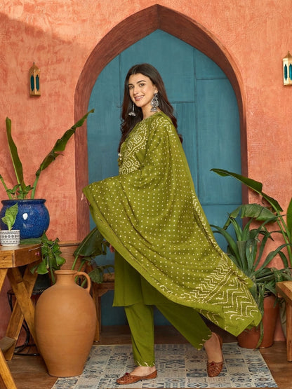 Bandhej Printed Cotton Straight Kurta Pant Dupatta Set
