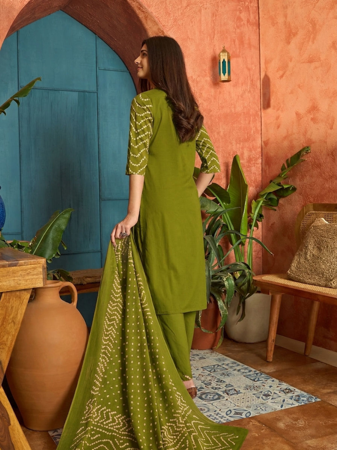 Bandhej Printed Cotton Straight Kurta Pant Dupatta Set