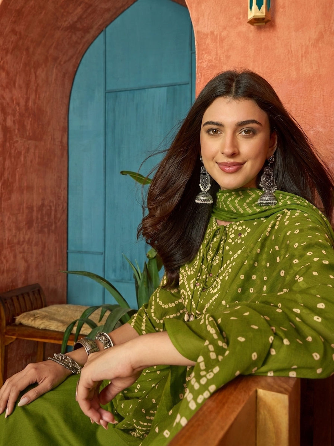 Bandhej Printed Cotton Straight Kurta Pant Dupatta Set