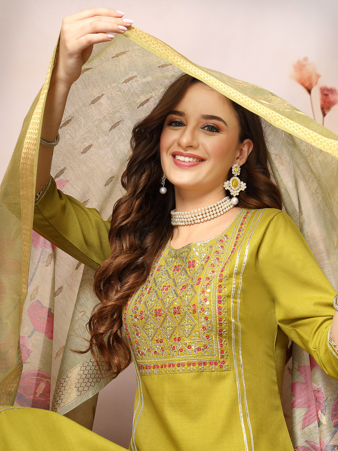 Embroidered Cotton Blend Straight Kurta Pant Dupatta Set