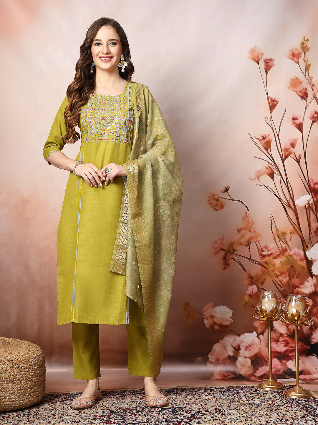 Embroidered Cotton Blend Straight Kurta Pant Dupatta Set