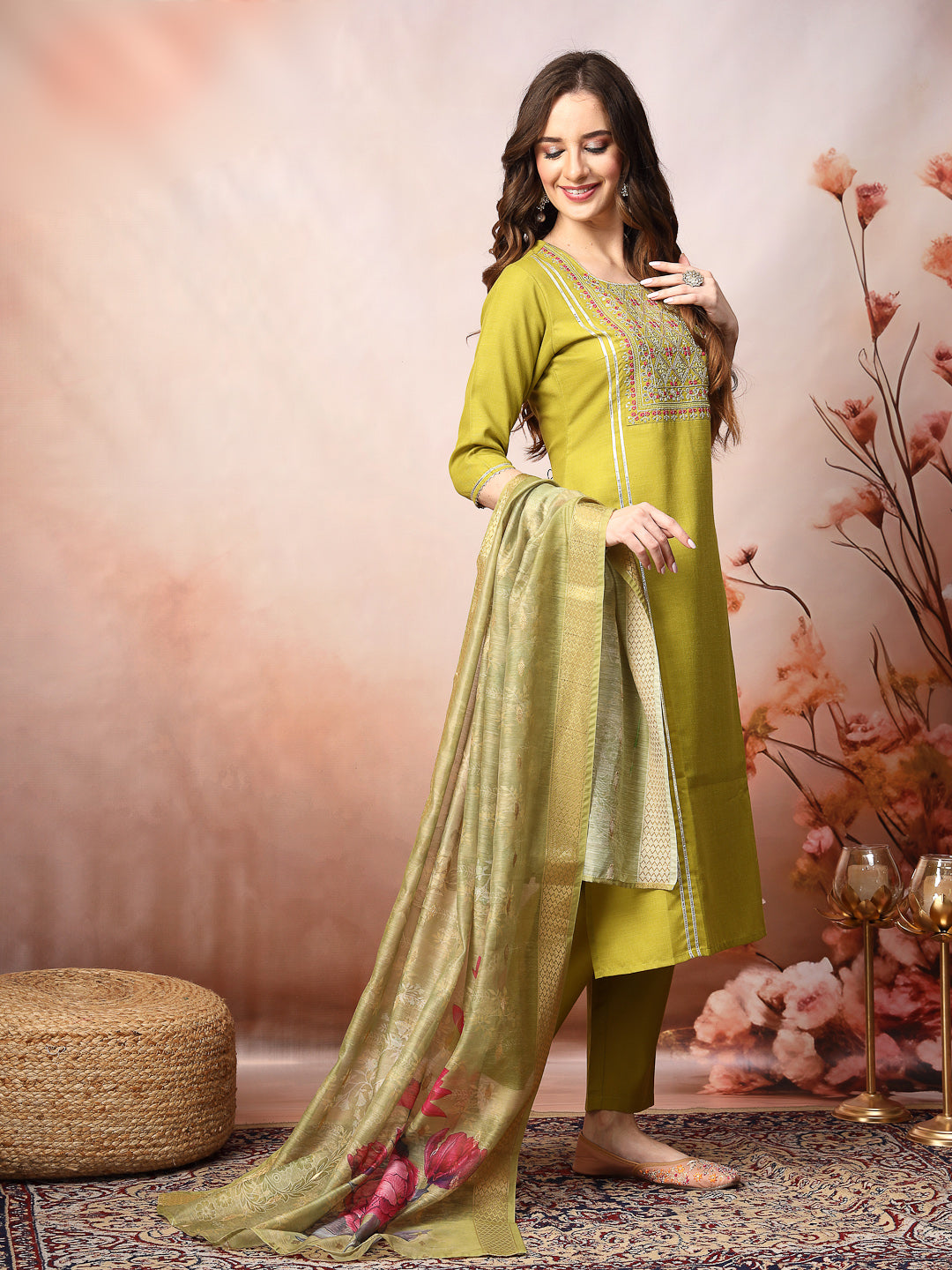 Embroidered Cotton Blend Straight Kurta Pant Dupatta Set