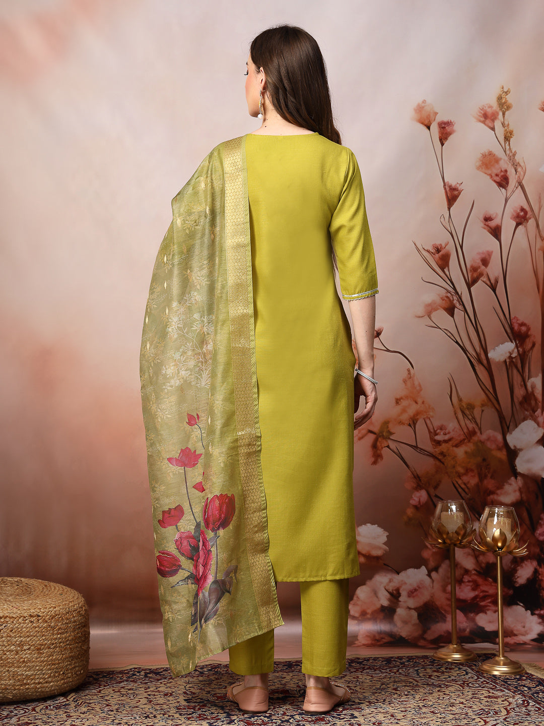 Embroidered Cotton Blend Straight Kurta Pant Dupatta Set