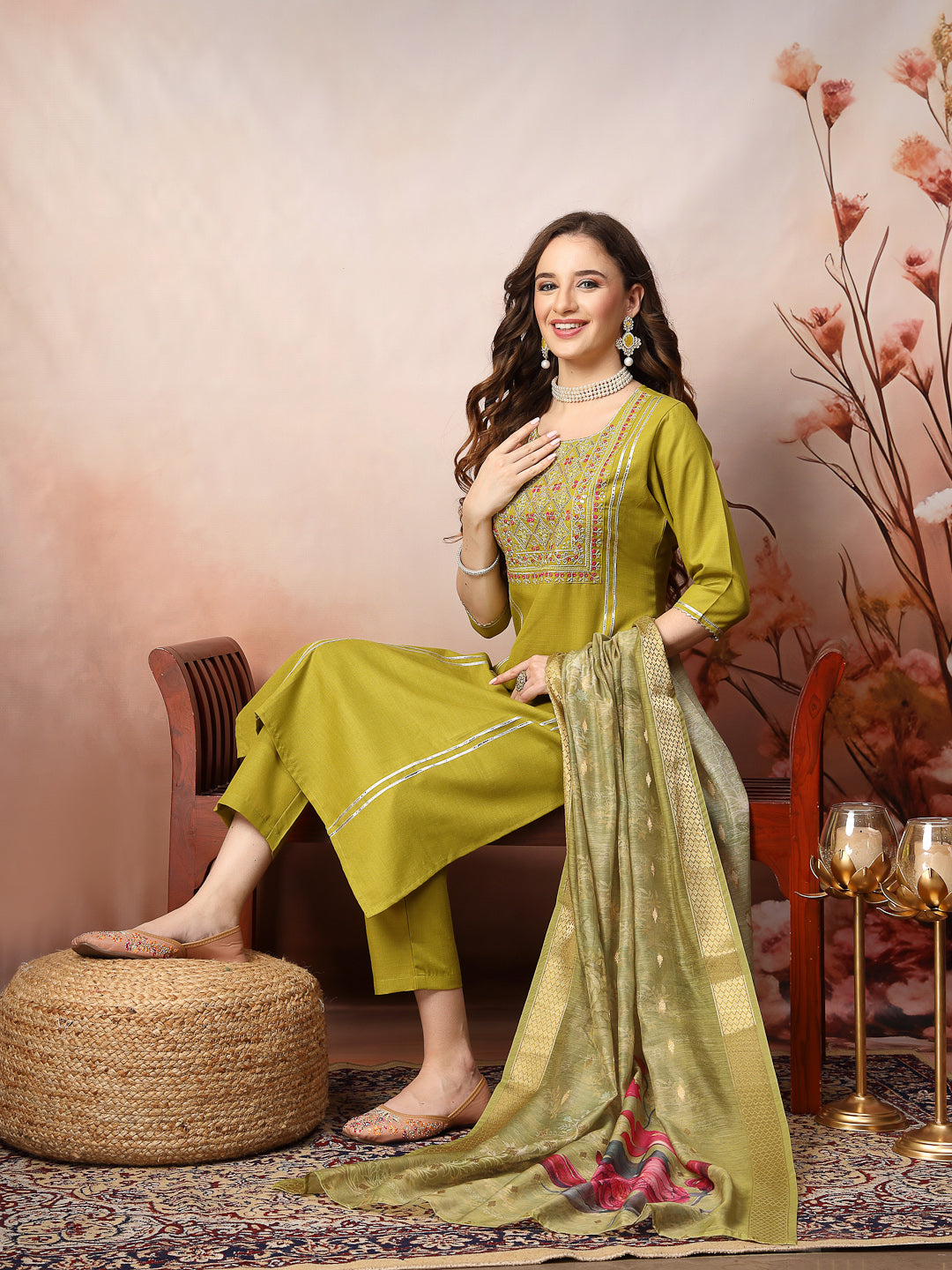 Embroidered Cotton Blend Straight Kurta Pant Dupatta Set
