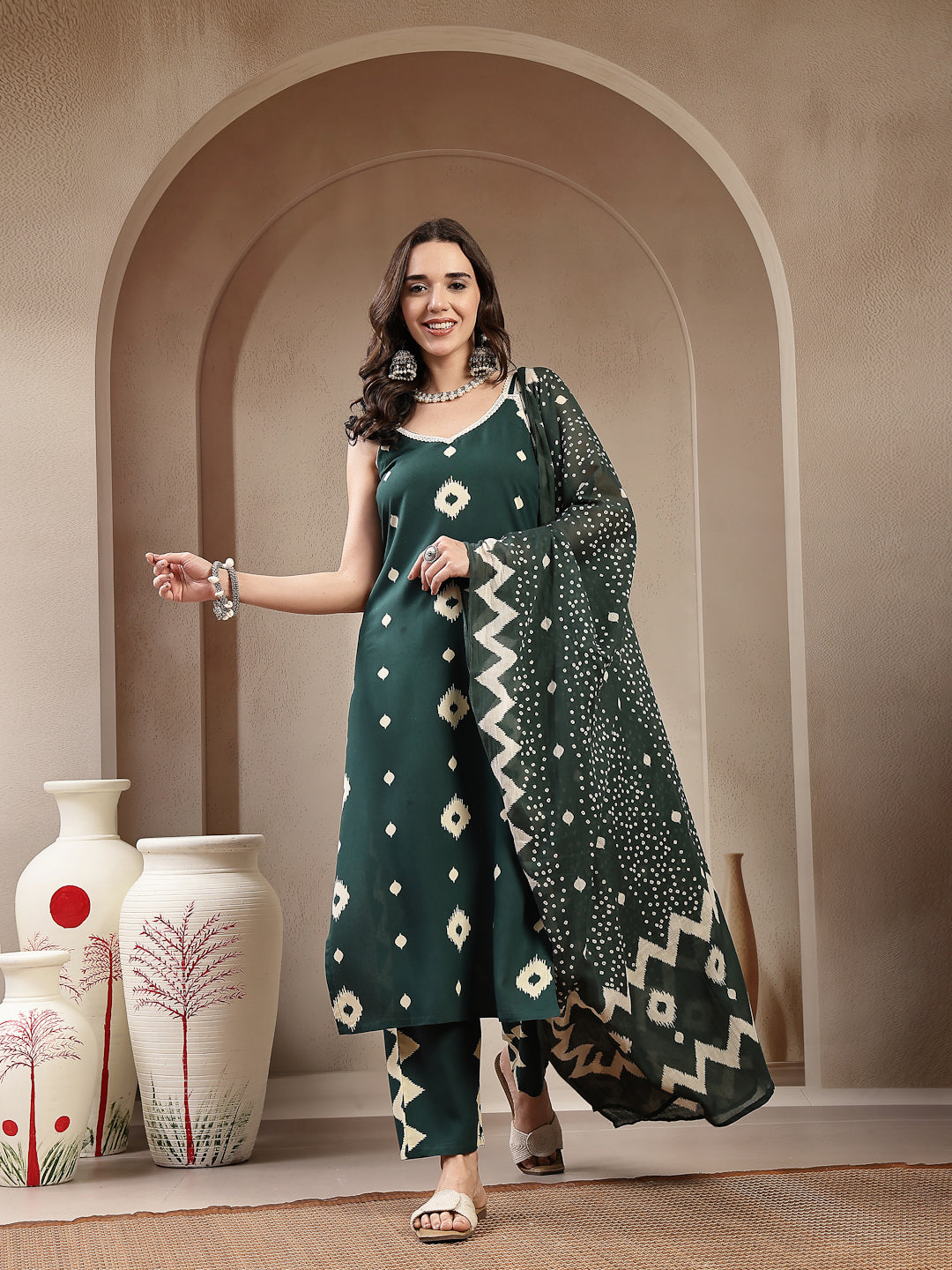 Ikkat Printed Rayon Straight Kurta Pant Dupatta Set